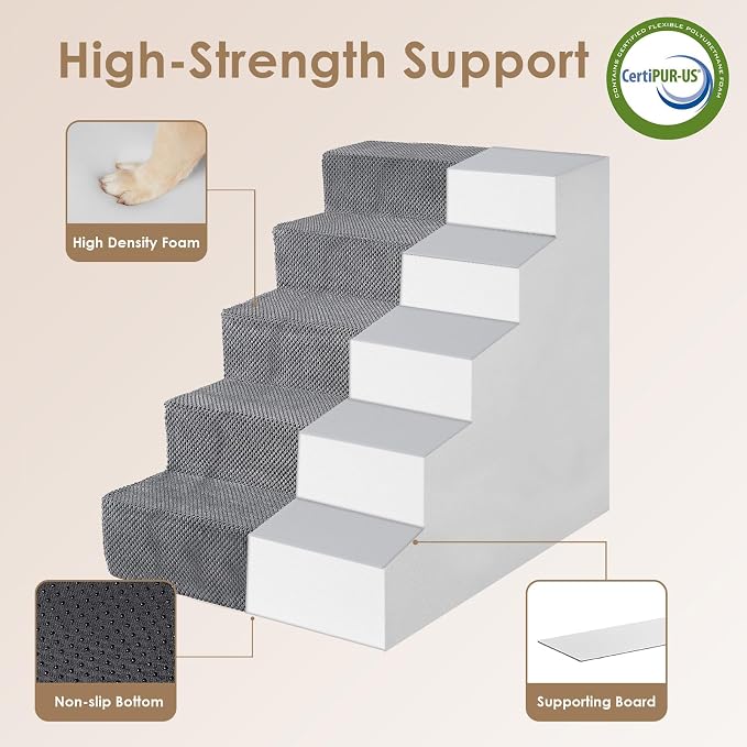 EHEYCIGA Dog Stairs for High Bed 25" H, Extra Wide Dog 5-Step, Grey | Pet Steps for Small Dogs and Cats for Bed, Non-Slip Balanced Pet Ramp Indoor