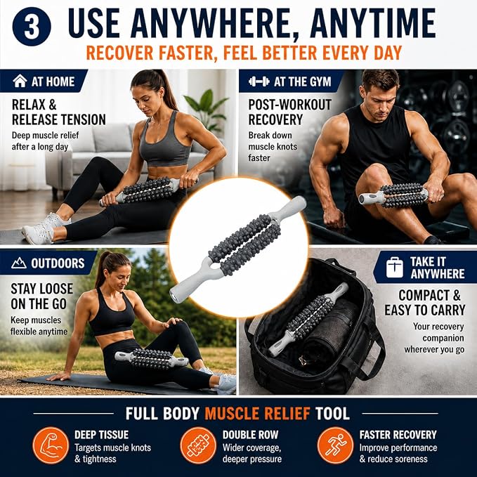 Muscle Roller Stick, Double Row Deep Tissue Massage Stick for Muscle Recovery, Portable Massage Roller for Legs, Calves & Back, Trigger Point Therapy for Athletes & Runners