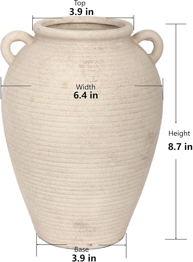 8.7" Beige Ceramic Vase with Handles for Home Decor | Textured ceramic vase with handles; vintage ceramic vase styling; a watertight small decorative vase for flowers and tables