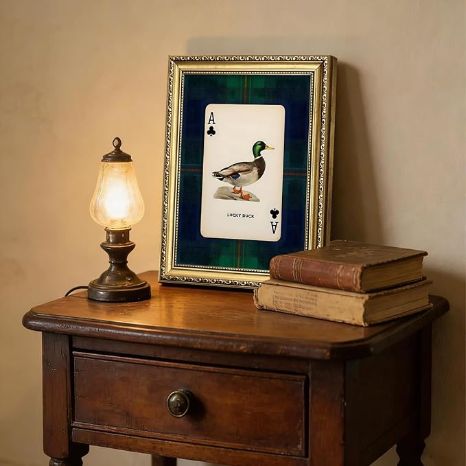 Gold Framed Vintage Mallard Duck Wall Art, Hunting Lucky Duck Wall Decor Picture Dark Wildlife Playing Card Canvas Print Painting for Farmhouse Bedroom Living Room 12x16 inch