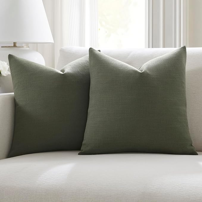 Meekio Set of 2 Olive Green Throw Pillow Covers 20x20, Modern Farmhouse Linen Blend Decorative Pillow Covers for Couch Sofa Bed, Neutral Home Decor