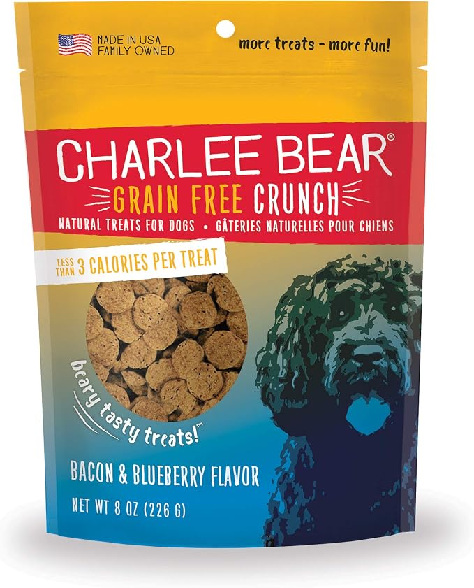 Charlee Bear Crunch Grain Free Dog Treats, Bacon and Blueberry, 8 Ounce Resealable Bag, Low Calorie Training Treats for Dogs, Limited Ingredient, Healthy, Crunchy Dog Snacks, Made in USA (Pack of 2)