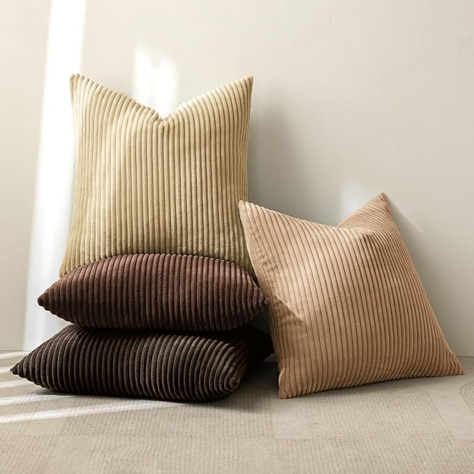 MIULEE Fall Corduroy Decorative Throw Pillow Covers Dark Brown 20x20 | Set of 4, Mordern Rustic Fall Decor, Rich Deep Brown Palette, Boho Farmhouse Cushion Covers for Couch Bed Sofa Living Room