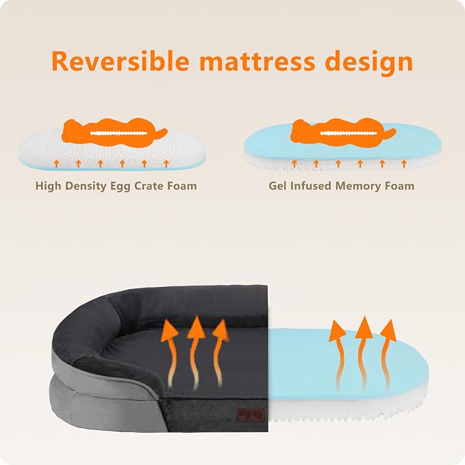 Dwanton Orthopedic Waterproof X-Large Dog Bed Sofa, Gel Memory Foam, 45" | Egg-Crate Foam Dog Sofa, Washable Pet Bed with Four Sided Bolster Cushion, Removable Cover & Non-Slip Bottom, Dark Grey