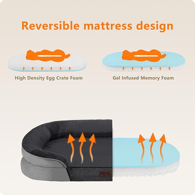 Dwanton Orthopedic Waterproof Medium Dog Bed Sofa, Gel Memory Foam, 36" | Egg-Crate Foam Dog Sofa, Washable Pet Bed with Four Sided Bolster Cushion, Removable Cover & Non-Slip Bottom, Dark Grey