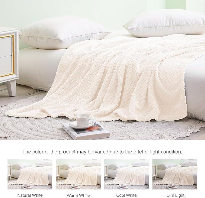 Exclusivo Mezcla Fleece Throw Blanket for Couch Sofa, 50”x70”, Off White | Oversized Soft Cozy Fluffy Blankets for Summer, Decorative Plush Flannel Throws for Living room, Bedroom with Leaves Pattern