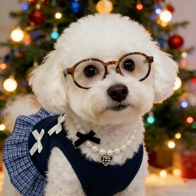 Dog Dresses, Plaid Pet Dress with Glasses and Pearl Necklace, Cute Pet Clothes Outfit Breathable Puppy Skirt Costume for Small Dog Cat Girls, Parties & Photos Favorite (Navy Blue, S)