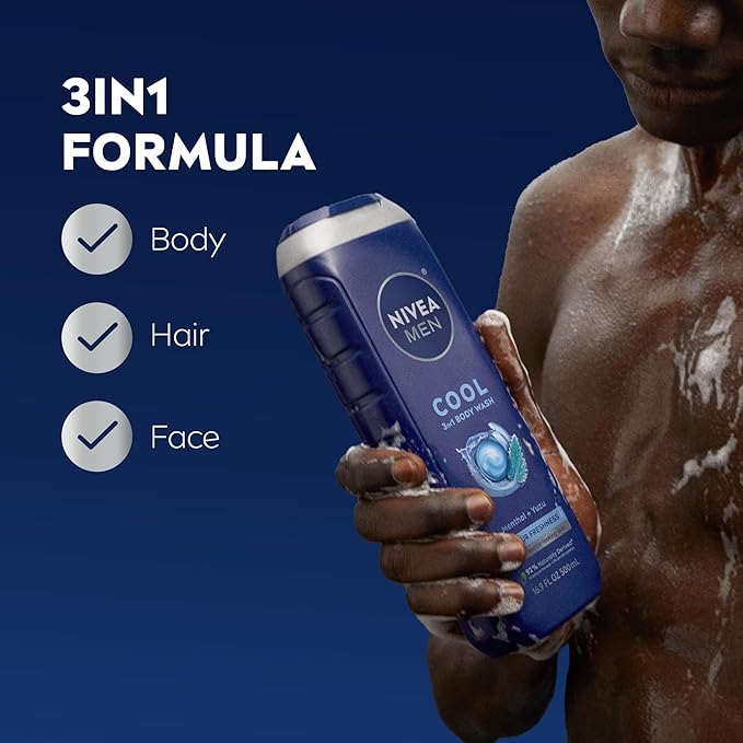 NIVEA MEN Cool Body Wash, Icy Menthol and Yuzu Scent, 3-in-1 Men's Body Wash, Face and Hair, Paraben Free, pH-Skin Friendly, 16.9 Fl Oz Bottle, Pack of 3