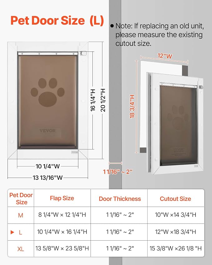 VEVOR Pet Door, Large, with Double Magnetic Flaps and Metal Frame, Strong and Weatherproof Dog Door for Interior and Exterior Doors, Easy to Install, Easy in-and-Out Access for Doggies, White