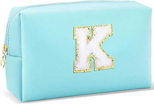 URSKYTOUS Gifts for Girls Initial Makeup Bag Personalized Cosmetic Bag with Zipper Cute Travel Toiletry Bag Waterproof PU Preppy Makeup Pouch Birthday Gift for Teen Girls Women(Blue K)