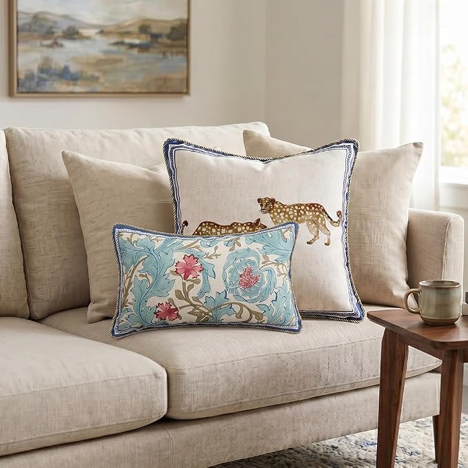 patdrea Designer Vintage Linen Throw Pillow Cover,12"x20"-Fromm A | Luxury Decorative Pillow Case with Zipper,Blue Floral Pattern,Pillow Cover for Couch Living Room Bedroom Sofa