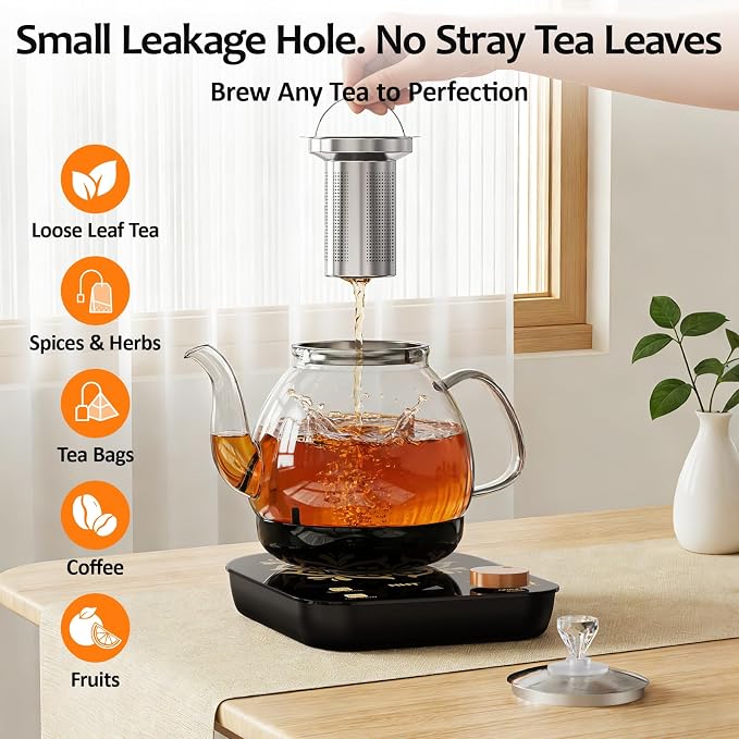 HHT Electric Tea Maker with Infuser, ±1℉ Precise Temperature Control, Glass Electric Kettle for Herbal,Flowers,Fruit Tea and Loose Leaf,BPA-Free,Auto Shut-Off,Brewing Program,Keep Warm,0.8L Black