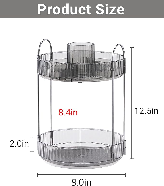 Asayuee 360 Rotating Makeup Organizer,2 Tier Large Capacity Make Up Organizers and Storage,Skincare Perfume Vanity Organizers,Bathroom Cosmetics Storage Organizer Countertop(Grey)