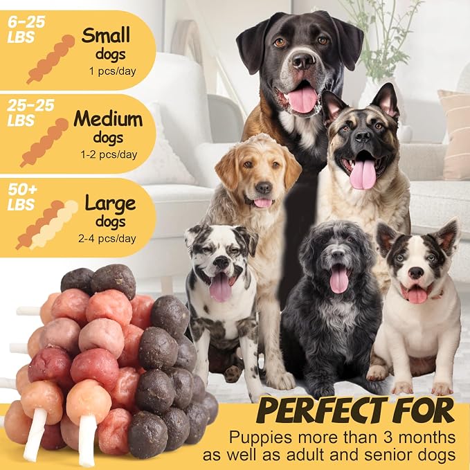 Dog Treats Chews, Multi-Flavor Dog Kabob Snacks Rawhide Sticks | Made with Chicken, Duck, Salmon, Rabbit and Beef Small Medium Large Dogs
