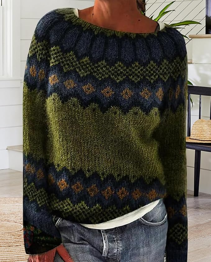 Zhyaj Fair Isle Sweater for Womens Winter Long Sleeve Vintage Knitted Sweater Casual Fall Crew Neck Pullover Sweaters