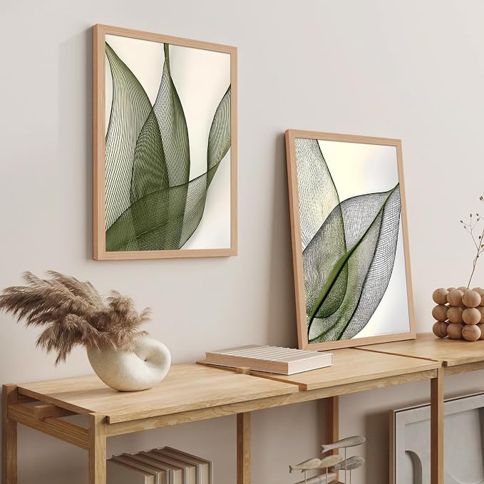 Green Leaf Wall Art Set of 2, Boho Botanical Framed Canvas Prints | Minimalist Botanical Plant Prints, for Living Room Bedroom Office 12x16 Inch