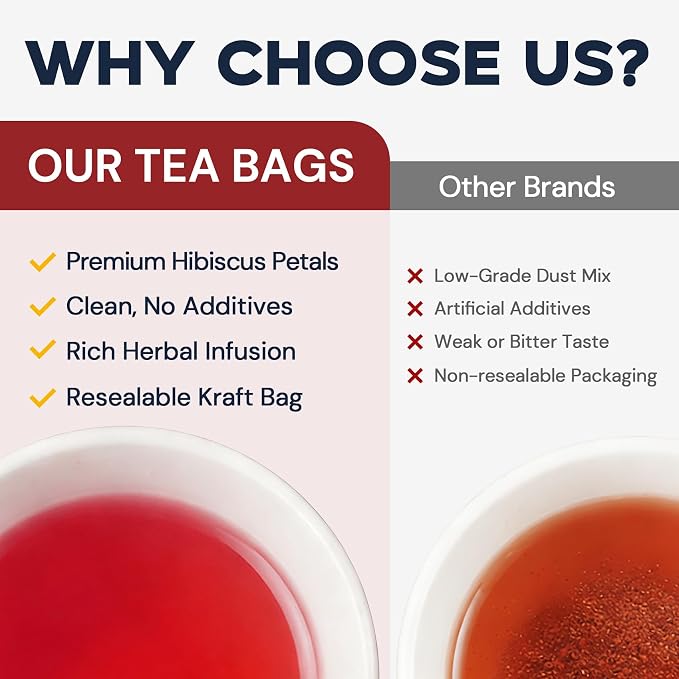 Hibiscus Tea Bags, Hibiscus Flower Herbal Tea - Caffeine & Sugar Free, 50 Teabags