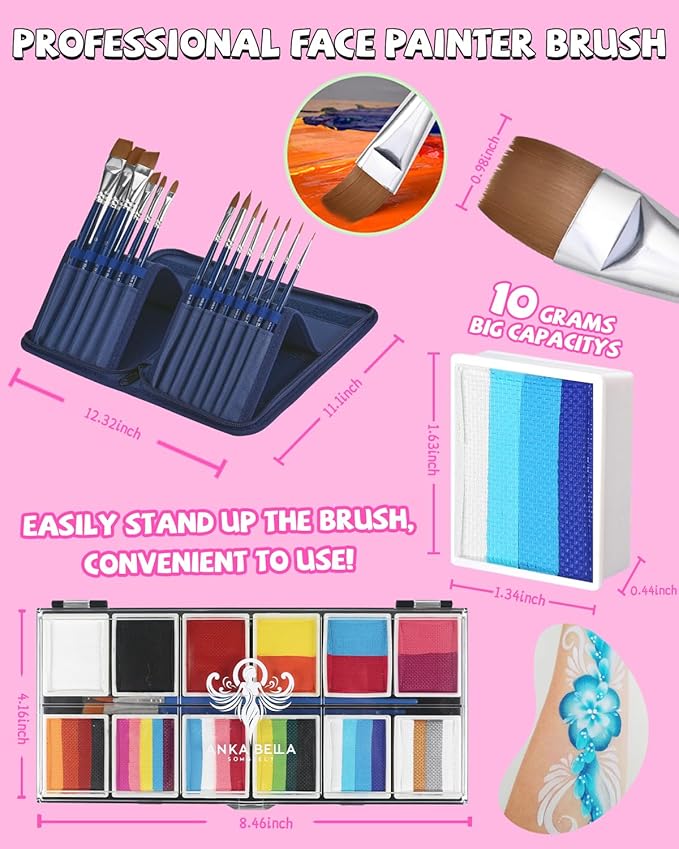 Anka Bella Professional Face Painting Kit,12X10gm Water Based Cake Face Paint with Stencil & Brushes,Hypoallergenic Safe & Non-Toxic,Gift for Birthday Parties/Halloween/Christmas