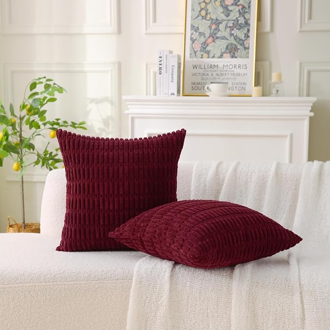 2 Pack Corduroy Decorative Throw Pillow with Inserts, 18x18 Inch Soft Boho Throw Pillow, Square Striped Throw Pillows for Couch, Bed, Sofa Decor (Burgundy)
