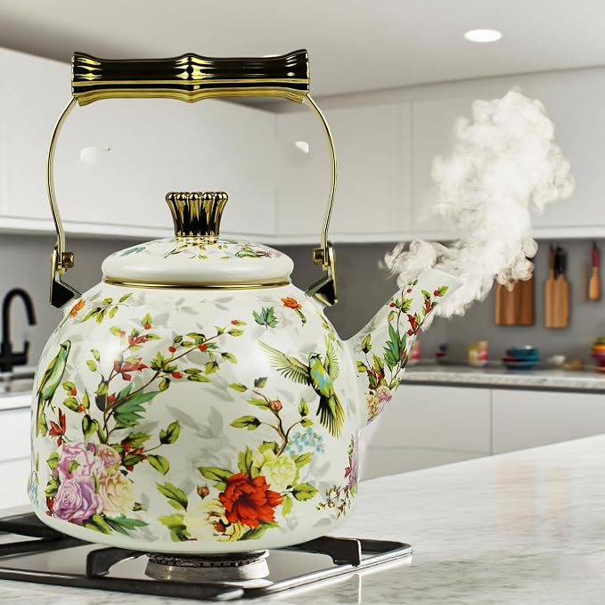 Vintage Enamel Tea Kettle Birds Floral Boho Stovetop Teapot with Gold Handle 2.5L Enamel Kettle Bohemian Kitchen Decor Ideal Gift for Housewarming Camping Coffee Pot