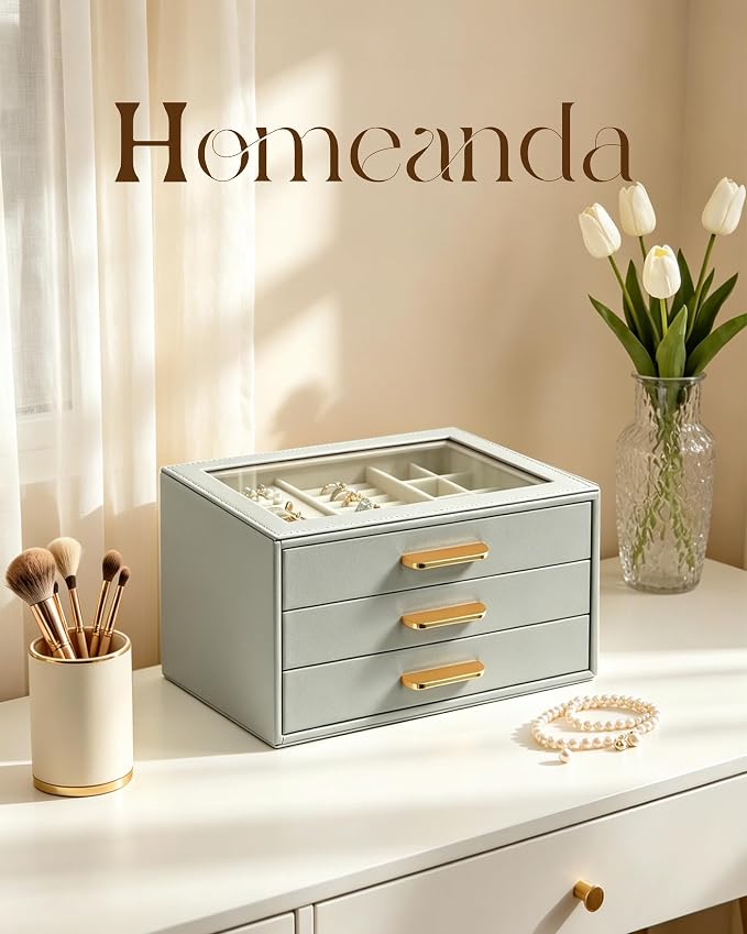 Homeanda Jewelry Boxes Organizer with Glass Lid, 3-Layer PU Leather, Grey | Modern style display case with 3 drawers for daily jewelry, women, mom or girl gift