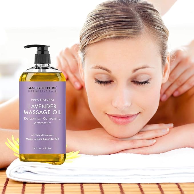 Majestic Pure Lavender Massage Oil and Sore Muscle Massage Oil Bundle - Relaxation Package - 8 fl oz Each