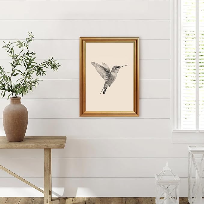 JLTULT Vintage Hummingbird Wall Art, Gold-Tone Framed Canvas, 12 x 16 In | Black-and-white hummingbird art on fade-resistant canvas with a ready-to-hang gold-tone PS frame for bedrooms and offices