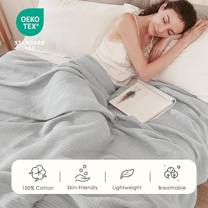 EMME Muslin Blankets for Adults Grey Small Blanket 40" x 50" | Throw Blanket for Couch Breathable Gauze Soft Lightweight Airy Light