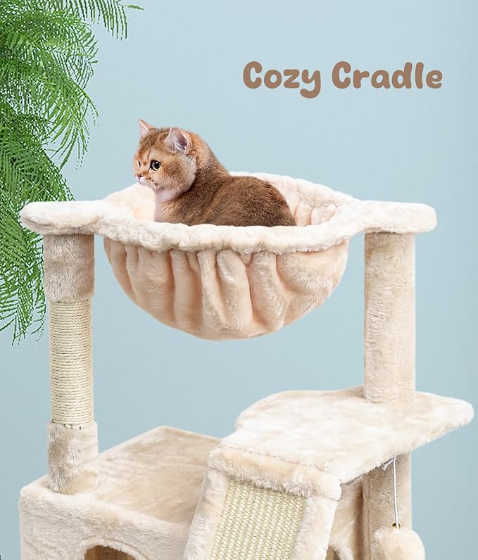 SYANDLVY Cat Tree for Indoor Cats Large Adults, Modern Activity Tower with Scratching Posts & Board, Condo with Plush Perch, Climbing Stand with Cradle & Hanging Ball for Play, Beige