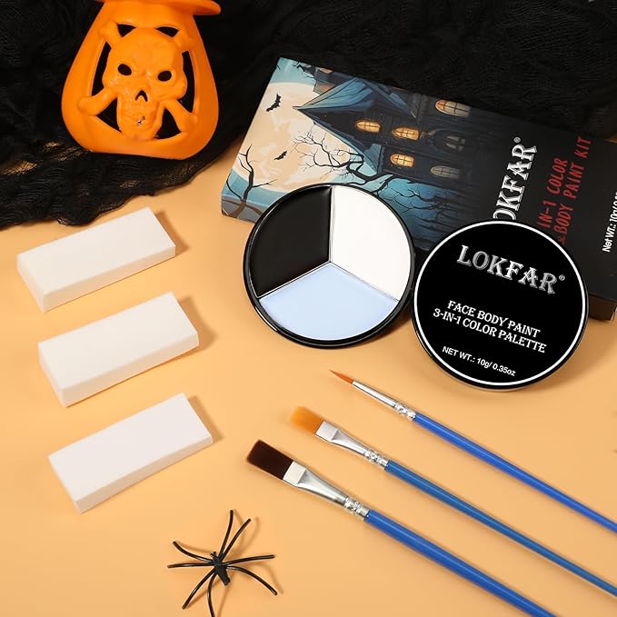 Black White Grey/Gray Face & Body Paint - Blendable Facepaint Foundation with Sponge & Brush for Skin, Professional Halloween Face Make-up Kit for Pale Zombie Skeleton Skull Mime Ghost Goth Costume