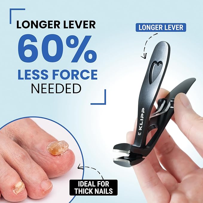 Toenail Clippers for Thick Toenails – KLIPP 15 mm Wide Jaw Thick Fingernail and Toenail Cutter with Curved Stainless-Steel Blades for Seniors (Angled Wide Opening)