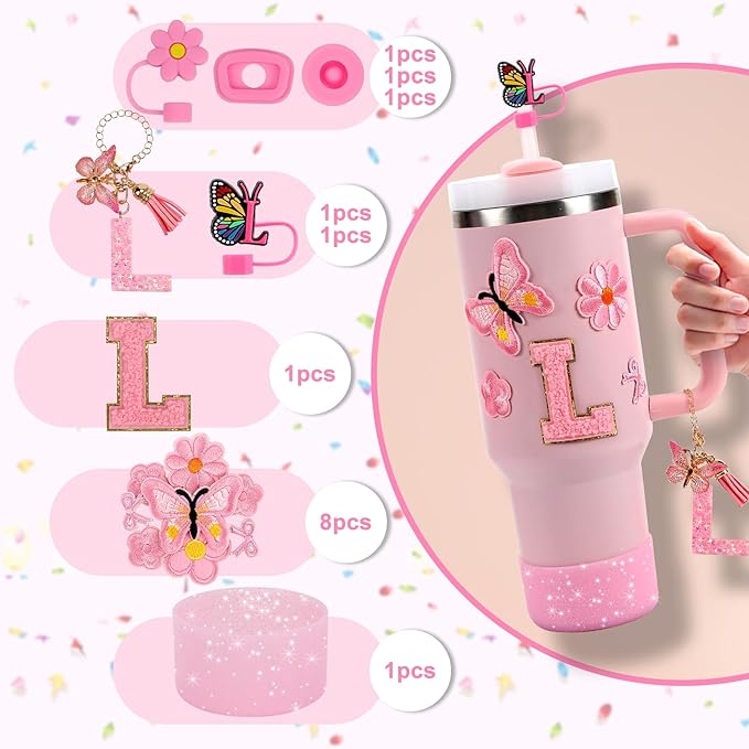 15PCS Cup Accessories Set for Stanley Cup 30oz 40oz Tumbler with Handle, Including Silicone Straw Cover and Boot, Spill Proof Stopper, Stanley Charms, Handle Charm, Initials Sticker