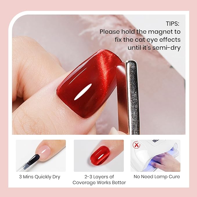 Red Quick Dry Cat Eye Nail Polish Non Gel, Magnetic Nail Polish with Magnet Cateye Fingernail Lacquer Air Fast Drying Manicure Gift For Women Girls 16ml/0.54 oz