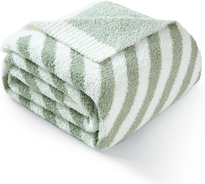 Snuggle Sac Ultra Soft Throw Blanket, Sage Green, 50"x60" | Reversible, Cozy Knitted, Fuzzy Knit Striped, For Couch, Sofa, Bed