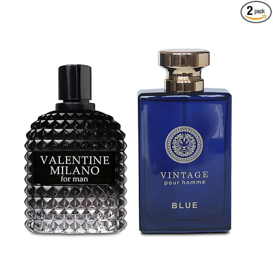 AFLUXE 2PCS Valentine Milano/Vintage Blue Eau De Toilette for Men-Fresh,Romantic Scent Perfume for Men 3.4 Fl Oz Each Mens Cologne For All Skin Daily Used
