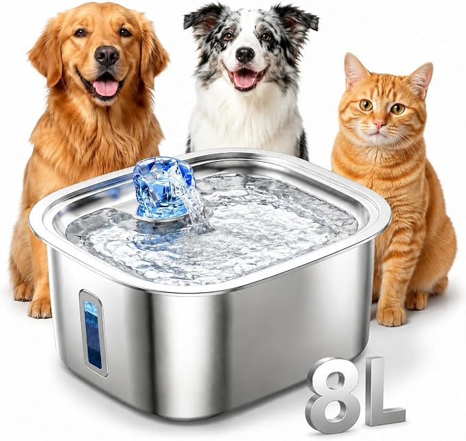PETNF 2.1-Gallon Stainless Steel Dog Water Fountain for Large Dogs, Dog Water Bowl Dispenser with 2 Filters, Visible Water Window, Quiet Pump & LED Low-Water Indicator