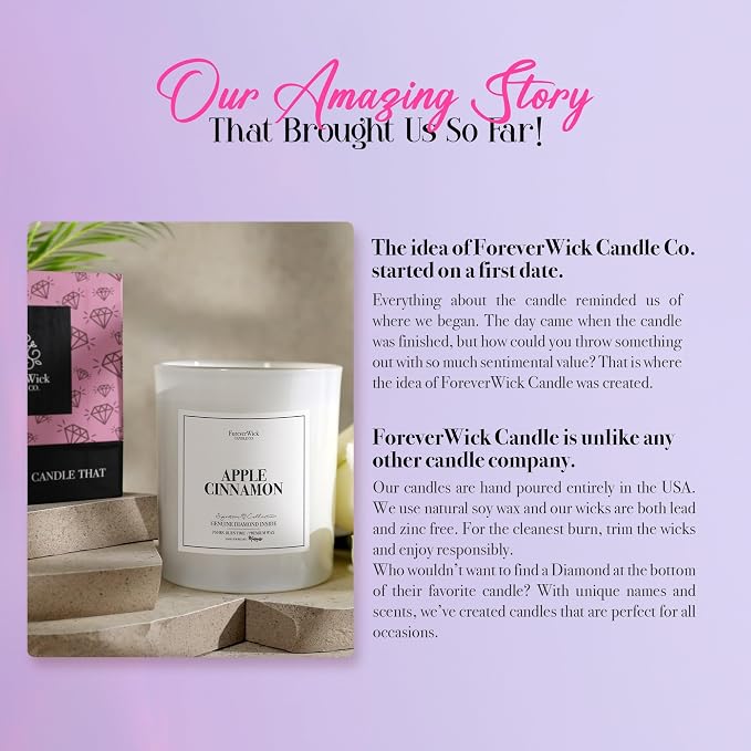 Apple Cinnamon Surprise Candle with Diamond Inside | Foreverwick Candles | Scented Soy Candles Gifts for Women Aromatherapy Candle Wax | Romance Candles All-Natural Organic Soy Candle 14oz | 70h