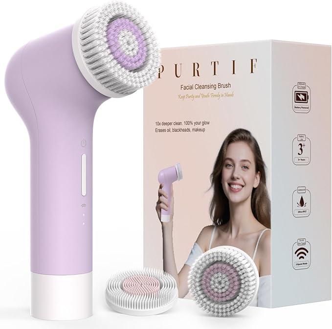PURTIF Electric Facial Cleansing Brush,Rechargeable Silicone Face Scrubber exfoliator,3 Speeds,Waterproof, Exfoliating & Massage,for Women Men Skincare, Romantic lavender Birthday Valentine's Day gift