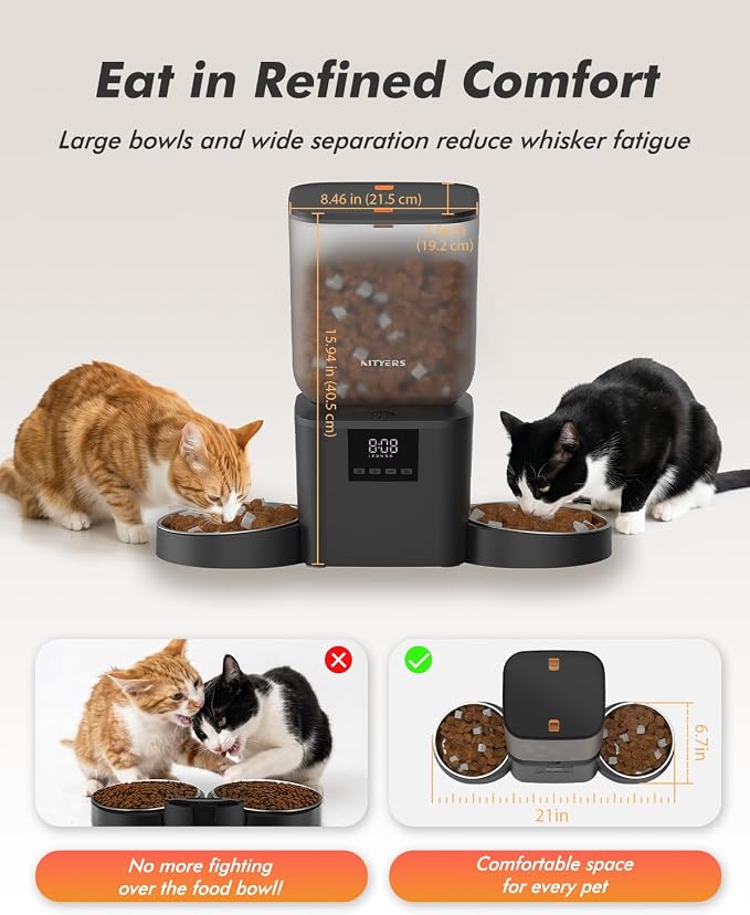 Automatic Cat Feeder for 2 Cats - 8L/34 Cups Dual Automatic Dog Feeder with Dog Food Dispenser for 2-18mm Dry Food, Timed Cat Food Dispenser, Up to 50 Portions 6 Meals Per Day, 10s Voice, Keep Fresh