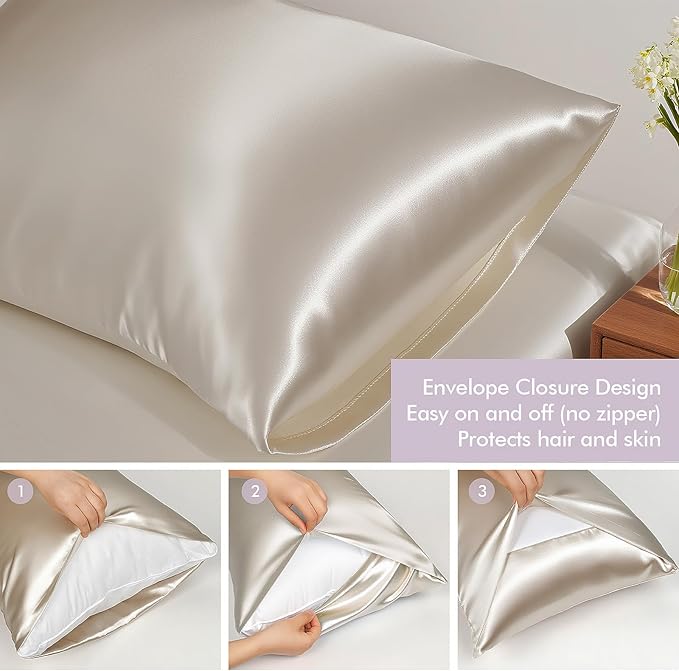 Vegan Silk Sleep Set, Vegan Silk Pillowcase with Large Scrunchie and Eye Mask for Hair and Skin, Self Care Essential Satin Night Routine Kit (Champagne Color)