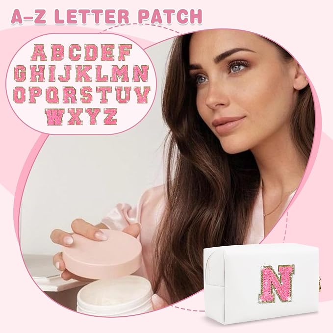 Small Personalized Initial A-Z Patch Makeup Bag,White Cute PU Leather Glitter Letter Cosmetic Bag for Teen Girls,Travel Toiletry Bag with Zipper,Preppy Monogrammed Birthday Gift for Daughter Niece N