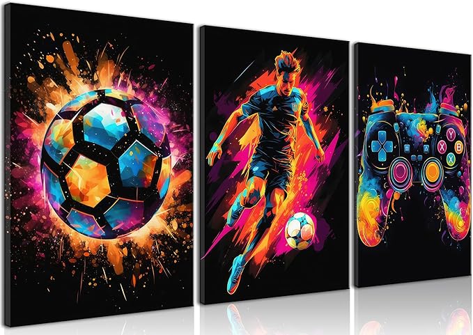 BGFCE Canvas Wall Art Poster Decor, Paintings Art Game Controller Color Splash Ink Canvas Painting, Posters for Room Aesthetic, Soccer Wall Art for Boys Room Decor 16x24 - Unframed Set of 3