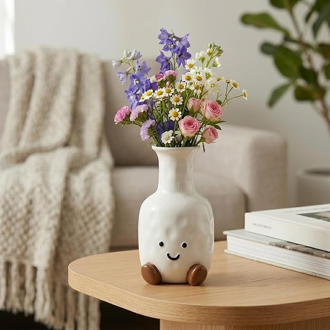 Cute Smile Face Vase – White Ceramic Cute Flower Vase for Home Decor, Modern Decor Vase for Living Room Bedroom, for Women Friends Family