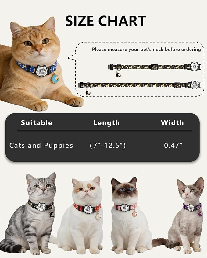 QR Code Pet ID Cat Collar - Breakaway Safety Kitten Collar with Glow in The Dark & Bell, Cute Moons Stars Adjustable Collar for Cats, Online Profile for Medical Info, Contact & Lost Pet Recovery(Blue)