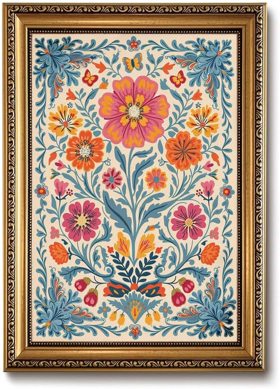 ZLPLLHA Vintage Floral Gold Framed Wall Art Mexican Pictures Wall Decor | Colorful Botanical Canvas Wall Art Latin Paintings Artwork Cottagecore Art Prints For Living Room Bedroom