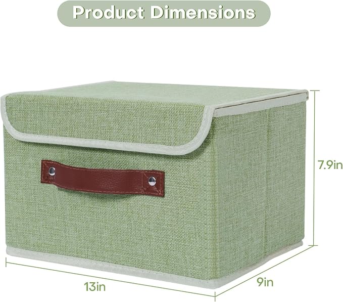 ANMINY Fabric Storage Box Bins with Lids, Green, 13"x9"x7.9" | Keepsake Memory Storage, Cotton Linen, PP Board Reinforced, Washable, PU Handles, Foldable & Stackable, Decorative, Medium