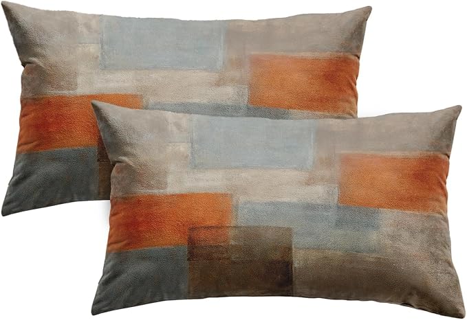 Throw Pillow Covers Set of 2, 12 x 20 Inch, Grey Burnt Orange | Abstract Modern Art Outdoor Decorative Square Pillow Cases Couch Cushion Case for Couch Bed Sofa Living Room Home Decor