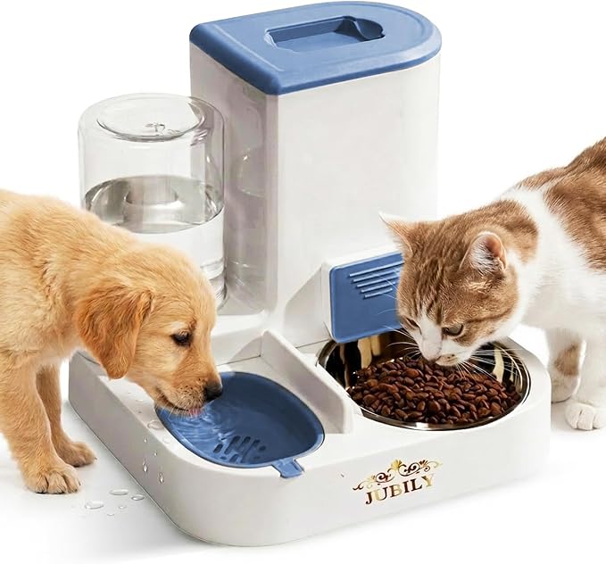 Automatic Cat Feeder & Water Dispenser – Gravity Cat Feeding Station with Stainless Steel Bowl, 2.2L Food & 1L Water Capacity, Automatic Pet Feeder for Cats & Small Dogs (Blue)
