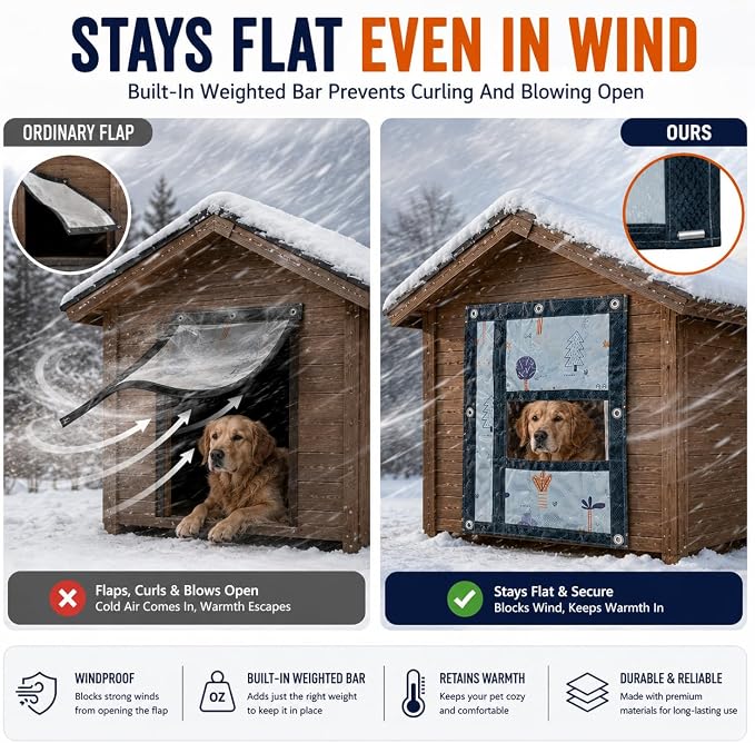 Dog Door Flap, Insulated Windproof Magnetic Replacement Pet Door Cover with Clear Window & Weighted Bottom Bar,for Dog Houses, Cat Houses, and Other Pet Shelters, (19.7 * 23.6)