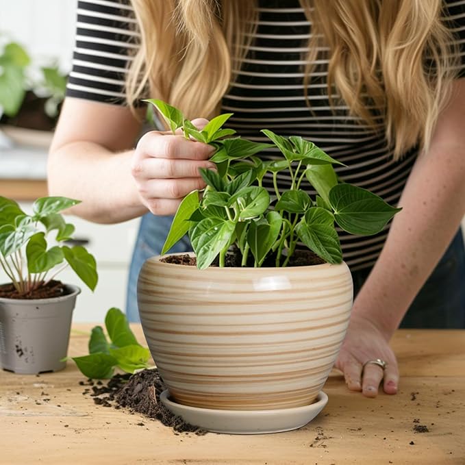 Ceramicfor 6 Inch Plant Pot Ceramic - Decorative Planter for Indoor Plants Succulent Pot with Drainage Hole and Saucer Round Planter Outdoor Flower Pot for House Patio Yellow